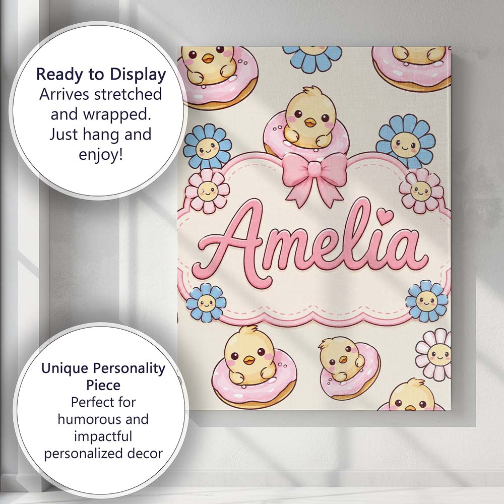 Personalised Name Cute Chick Donut Flower Custom Unique Gift Idea Elegant Feature Canvas Wall Art Print Decor Picture Ready to Hang