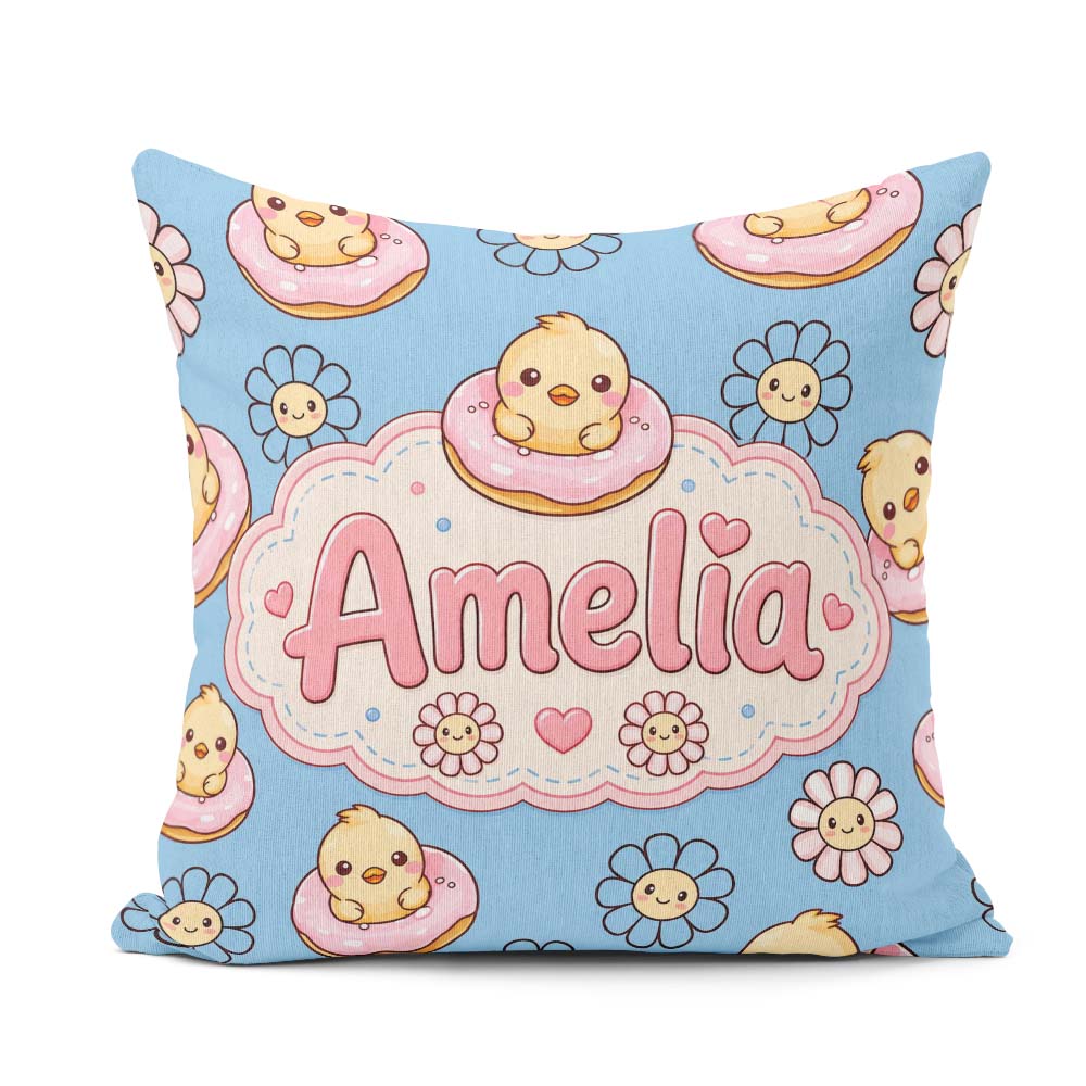 Custom Name Chick Sitting on Donut with Flowers Seamless Pattern Square Filled Cushion Throw Pillow Sofa Bed Home Decor Zip Washable UK Made