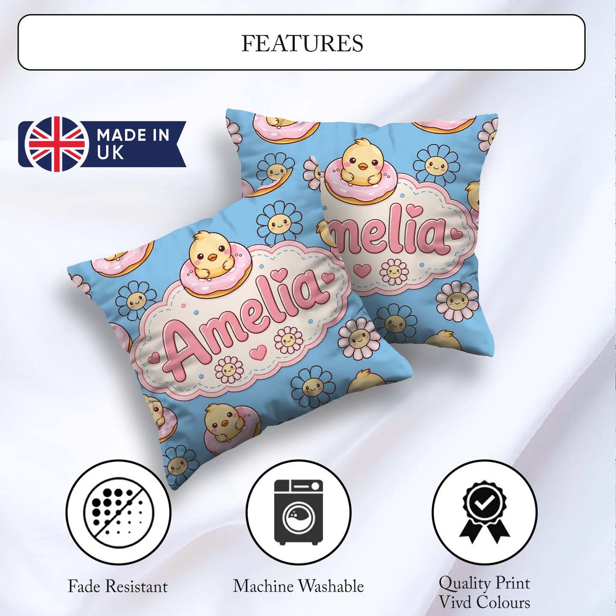 Custom Name Chick Sitting on Donut with Flowers Seamless Pattern Square Filled Cushion Throw Pillow Sofa Bed Home Decor Zip Washable UK Made