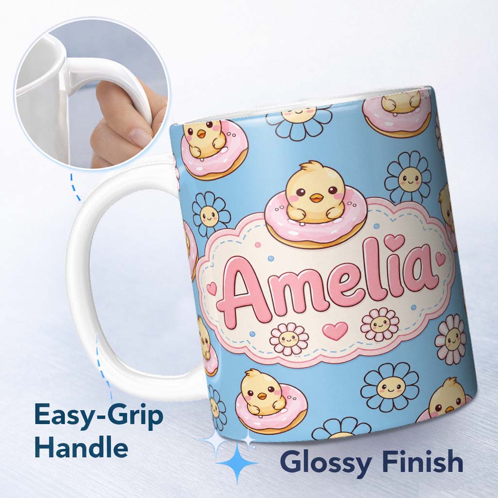 Personalized Custom Name Kawaii Chick Sitting on Donut with Flowers Seamless Pattern Blue 11oz Ceramic Coffee Tea Mug White Large Handle