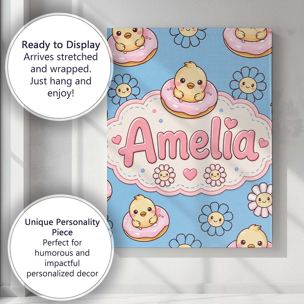 Personalised Name Kawaii Chick Sitting on Custom Unique Gift Idea Elegant Feature Canvas Wall Art Print Decor Picture Ready to Hang