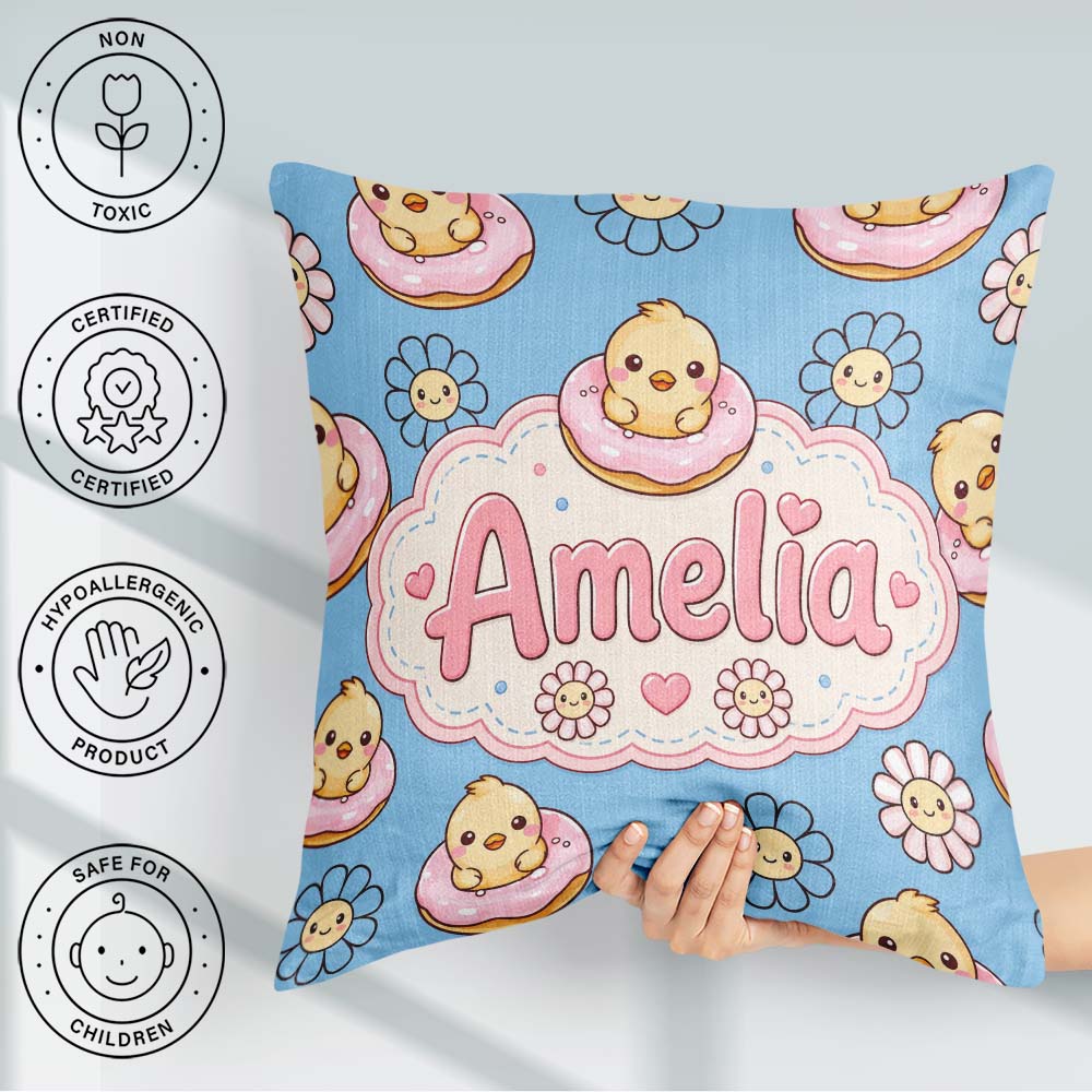 Custom Name Chick Sitting on Donut with Flowers Seamless Pattern Square Filled Cushion Throw Pillow Sofa Bed Home Decor Zip Washable UK Made