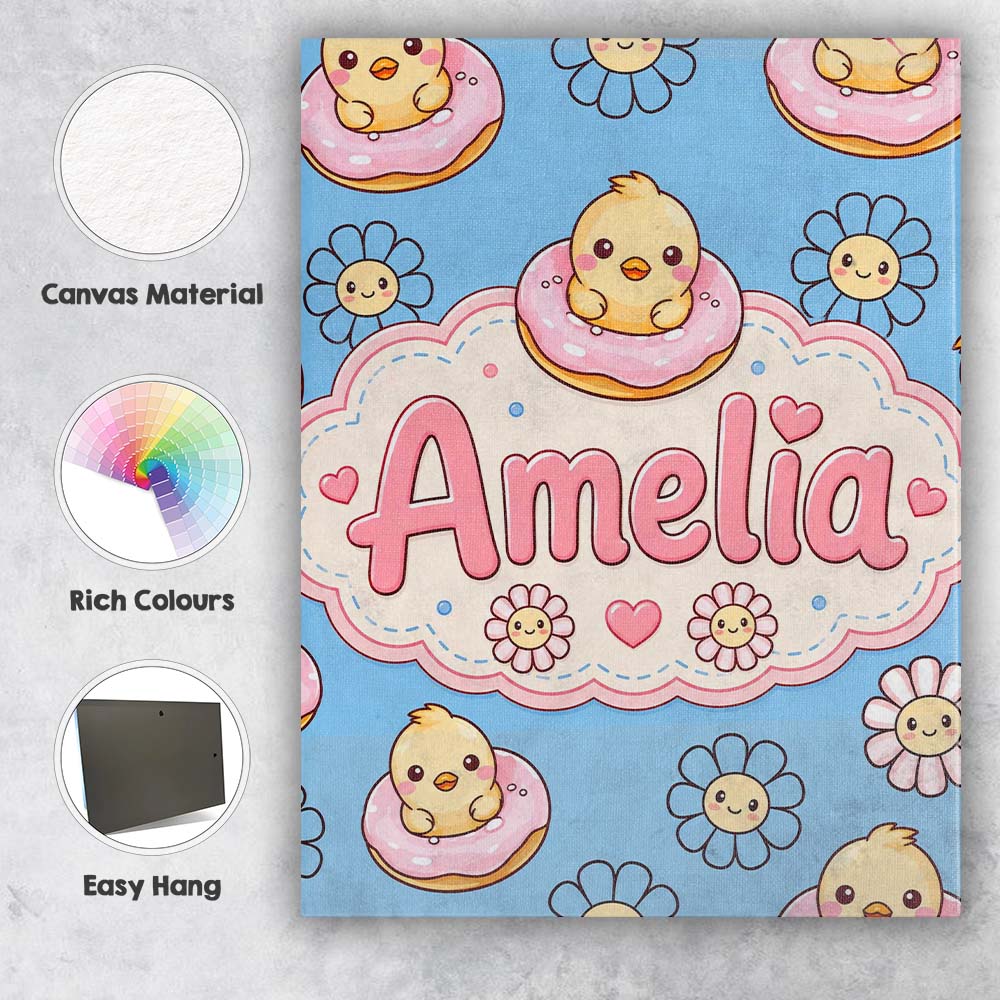 Personalised Name Kawaii Chick Sitting on Custom Unique Gift Idea Elegant Feature Canvas Wall Art Print Decor Picture Ready to Hang
