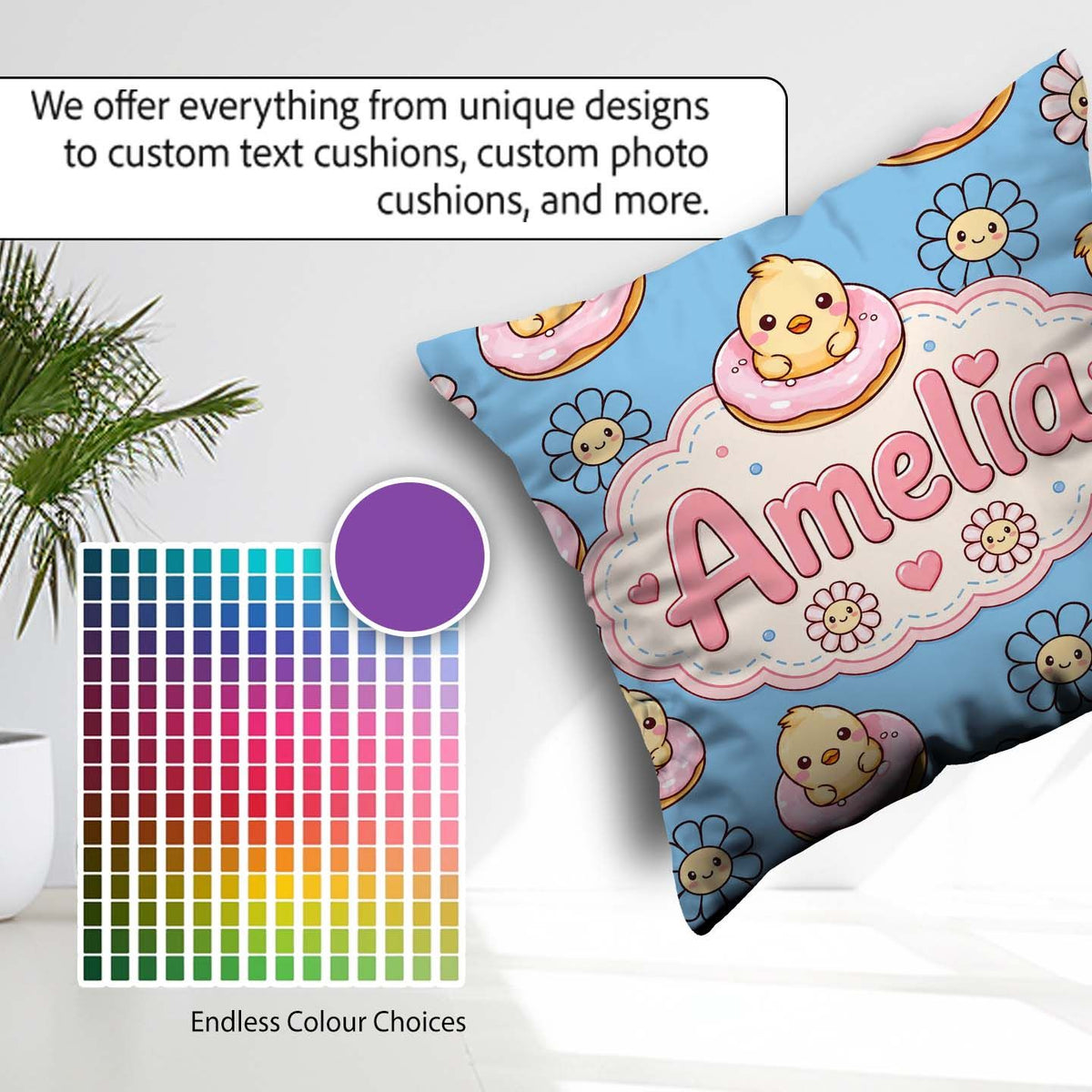 Custom Name Chick Sitting on Donut with Flowers Seamless Pattern Square Filled Cushion Throw Pillow Sofa Bed Home Decor Zip Washable UK Made