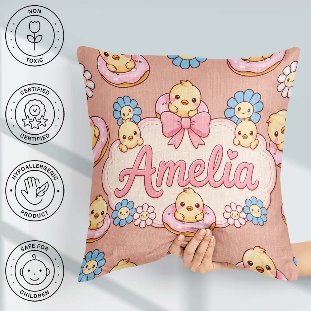 Custom Name Chick Sitting on Donut with Flowers Seamless Pattern Square Filled Cushion Throw Pillow Sofa Bed Home Decor Zip Washable UK Made