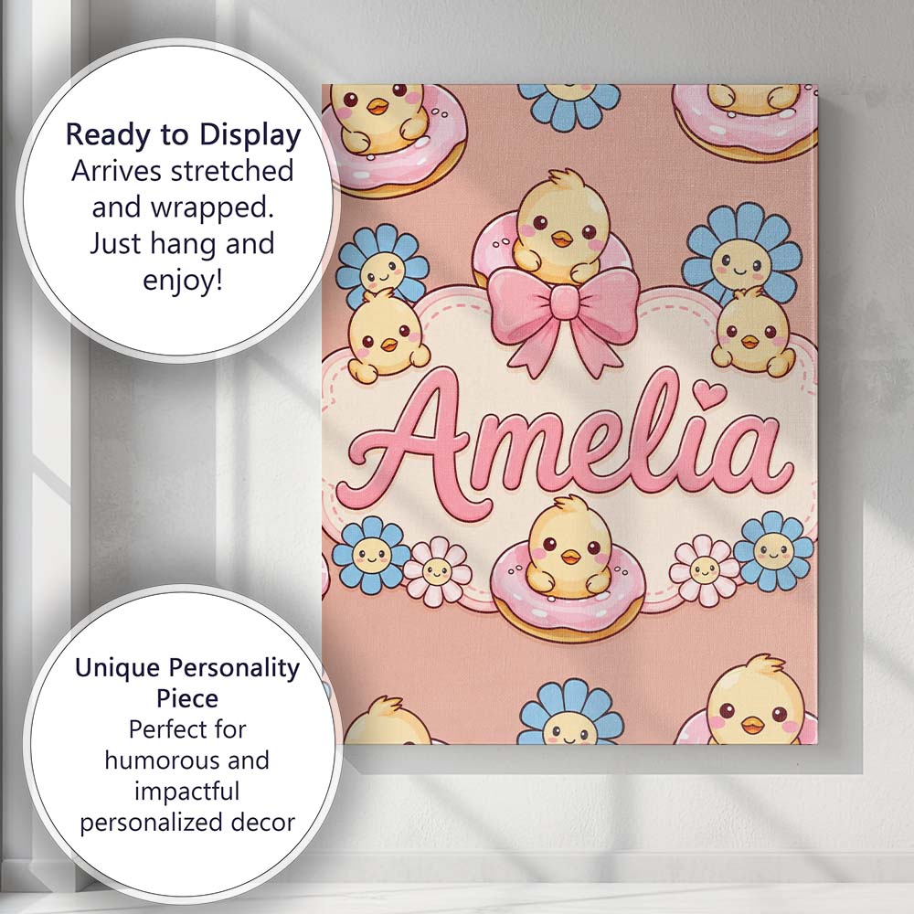 Personalised Name Kawaii Chick Sitting on Custom Unique Gift Idea Elegant Feature Canvas Wall Art Print Decor Picture Ready to Hang