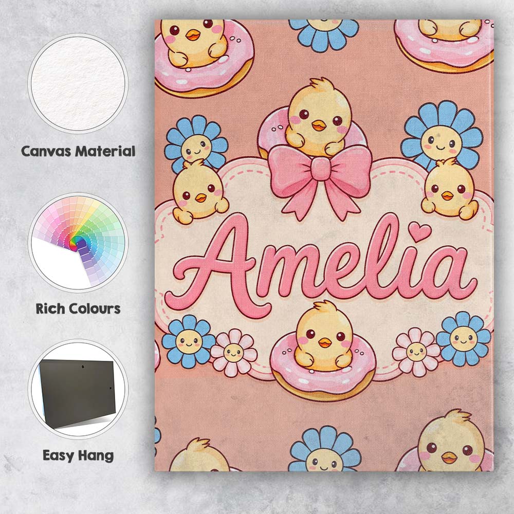Personalised Name Kawaii Chick Sitting on Custom Unique Gift Idea Elegant Feature Canvas Wall Art Print Decor Picture Ready to Hang