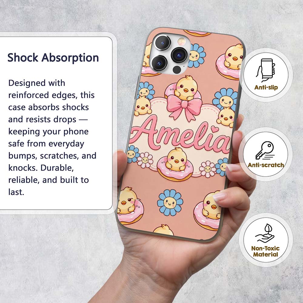Kawaii Chick Sitting on Donut with Printed Design Custom Name Protective Phone Case Mobile Cover Durable Everyday Smartphone Shock Resistant