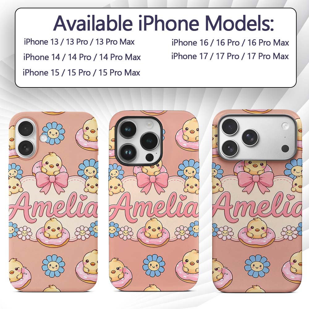 Kawaii Chick Sitting on Donut with Printed Design Custom Name Protective Phone Case Mobile Cover Durable Everyday Smartphone Shock Resistant