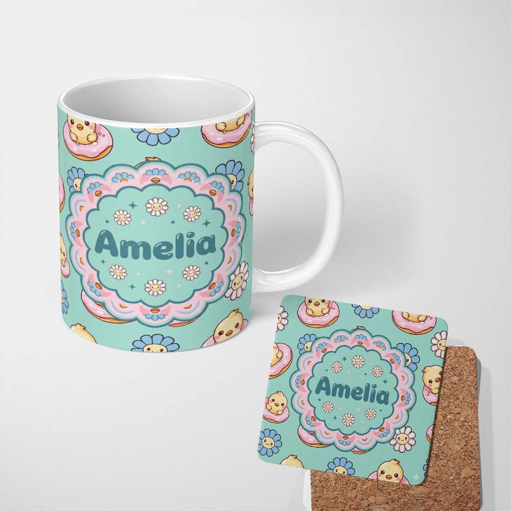 Personalized Custom Name Kawaii Chick Sitting on Donut with Flowers Seamless Pattern Mint 11oz Ceramic Coffee Tea Mug White Large Handle
