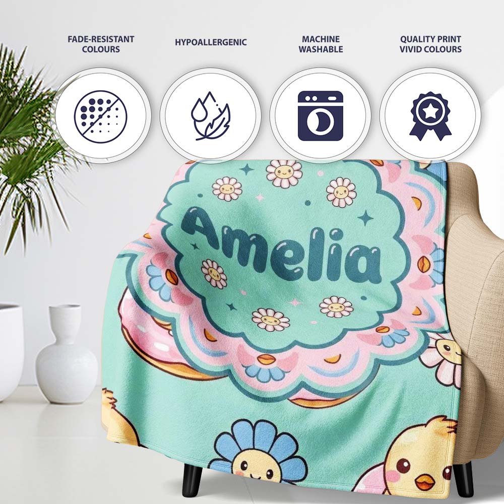 Kawaii Chick Sitting on Donut with Flowers Seamless Pattern Mint Personalised Custom Name Super Soft Fleece Blanket Bed Sofa Throw