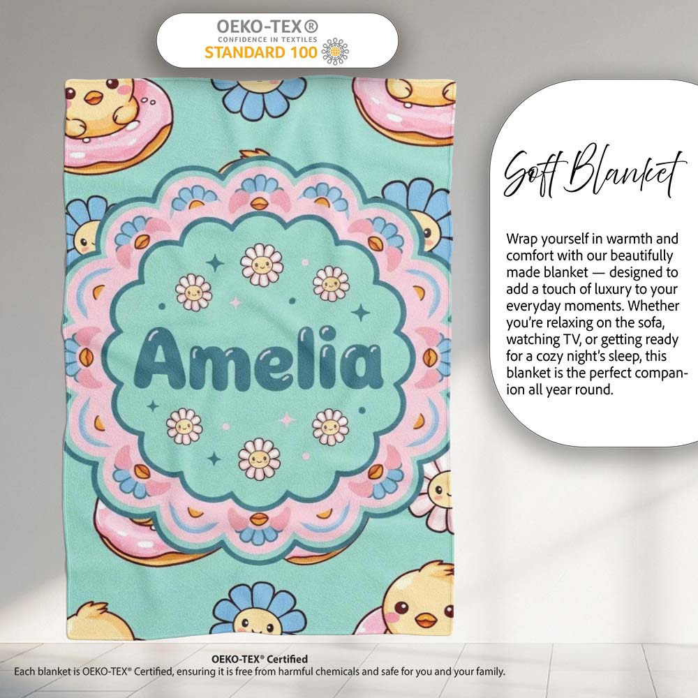 Kawaii Chick Sitting on Donut with Flowers Seamless Pattern Mint Personalised Custom Name Super Soft Fleece Blanket Bed Sofa Throw