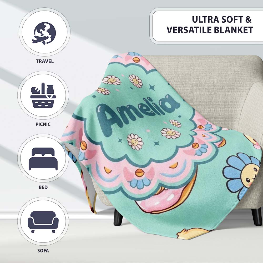 Kawaii Chick Sitting on Donut with Flowers Seamless Pattern Mint Personalised Custom Name Super Soft Fleece Blanket Bed Sofa Throw