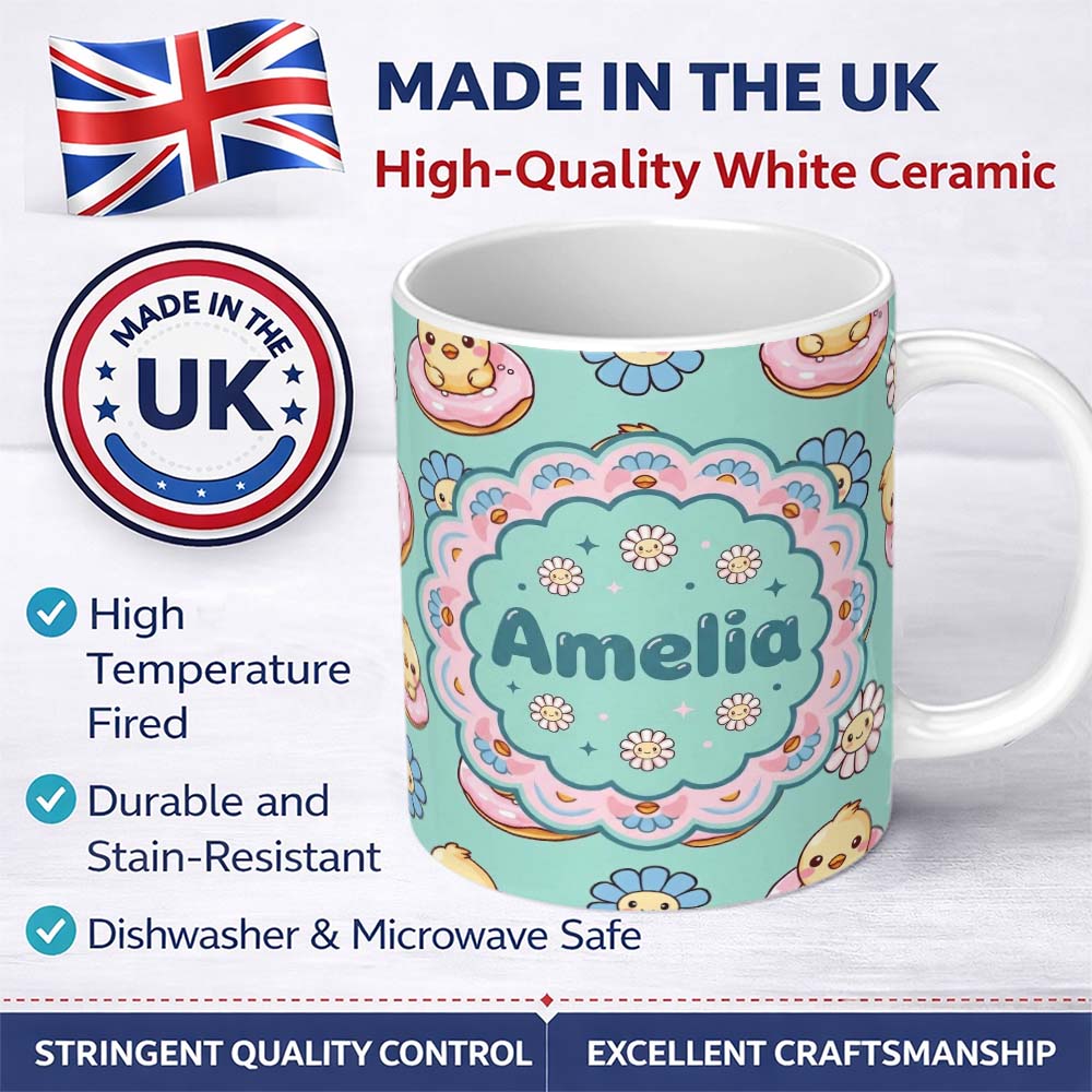 Personalized Custom Name Kawaii Chick Sitting on Donut with Flowers Seamless Pattern Mint 11oz Ceramic Coffee Tea Mug White Large Handle