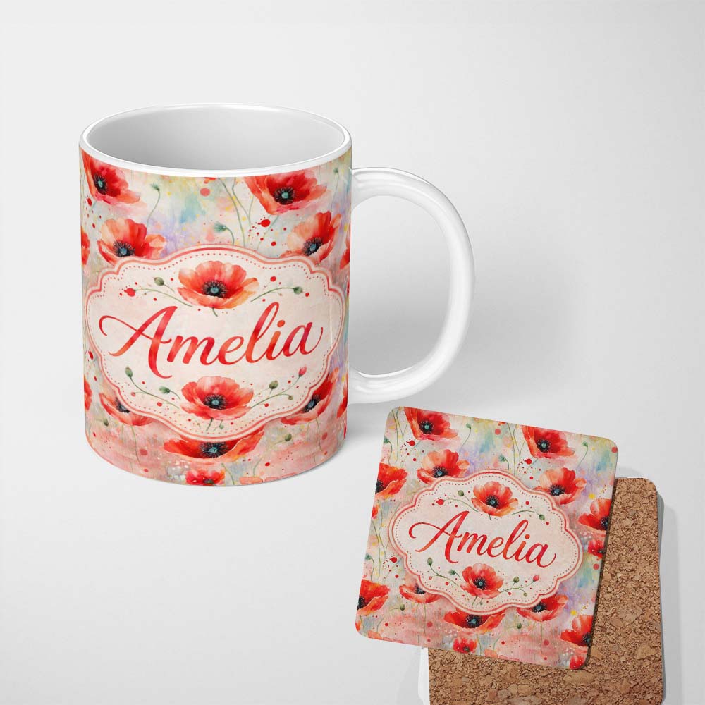 Personalized Custom Name Watercolor Red Poppy Flowers Soft Artistic Seamless Pattern Lovely 11oz Ceramic Coffee Tea Mug White Large Handle