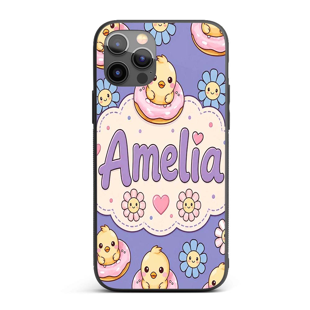 Kawaii Chick Sitting on Donut with Printed Design Custom Name Protective Phone Case Mobile Cover Durable Everyday Smartphone Shock Resistant