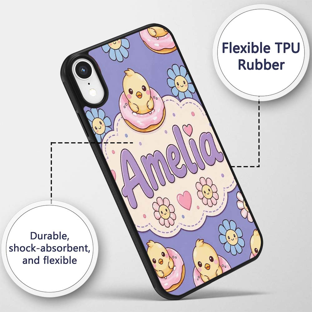 Kawaii Chick Sitting on Donut with Printed Design Custom Name Protective Phone Case Mobile Cover Durable Everyday Smartphone Shock Resistant