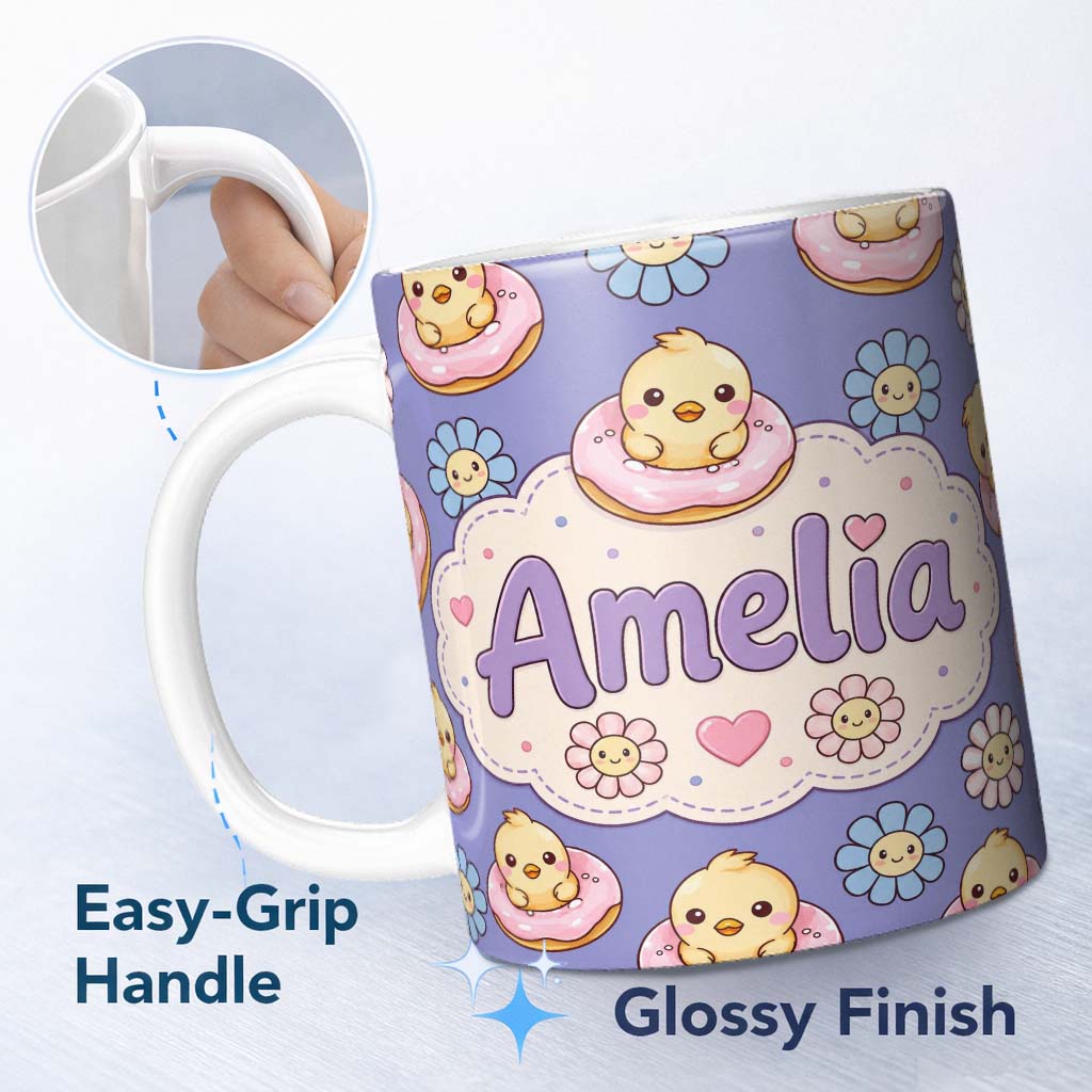 Personalized Custom Name Kawaii Chick Sitting on Donut with Flowers Seamless Pattern Purple 11oz Ceramic Coffee Tea Mug White Large Handle