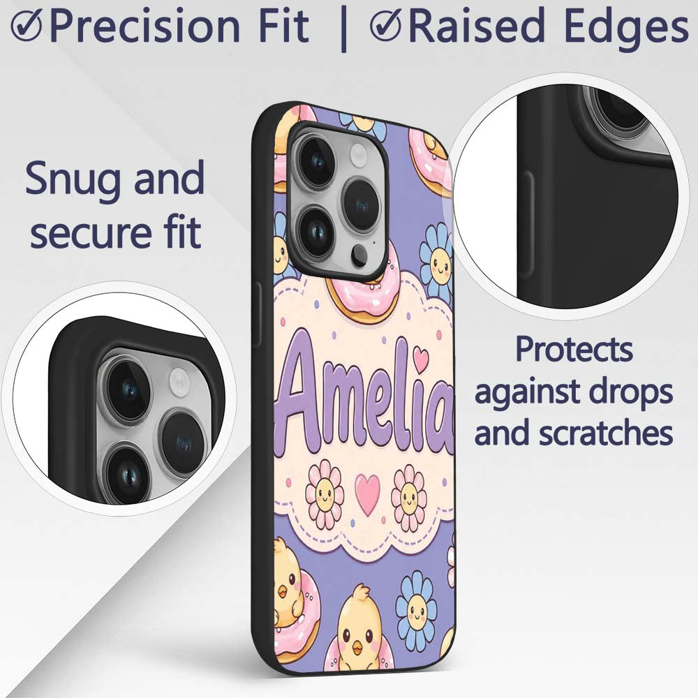 Kawaii Chick Sitting on Donut with Printed Design Custom Name Protective Phone Case Mobile Cover Durable Everyday Smartphone Shock Resistant