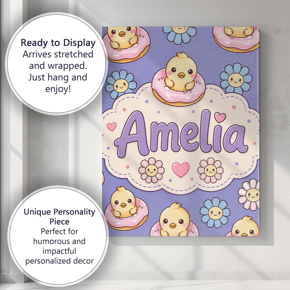 Personalised Name Kawaii Chick Sitting on Custom Unique Gift Idea Elegant Feature Canvas Wall Art Print Decor Picture Ready to Hang