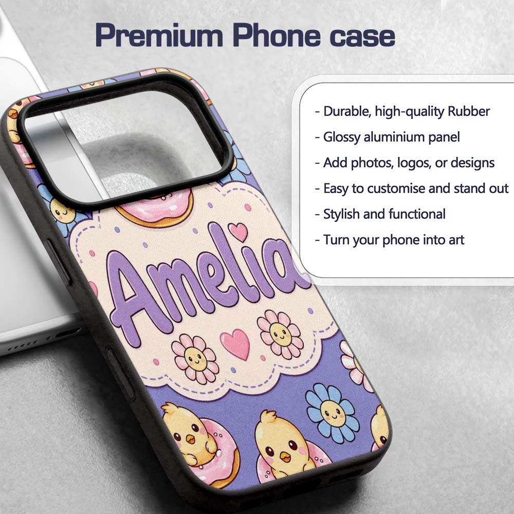 Kawaii Chick Sitting on Donut with Printed Design Custom Name Protective Phone Case Mobile Cover Durable Everyday Smartphone Shock Resistant