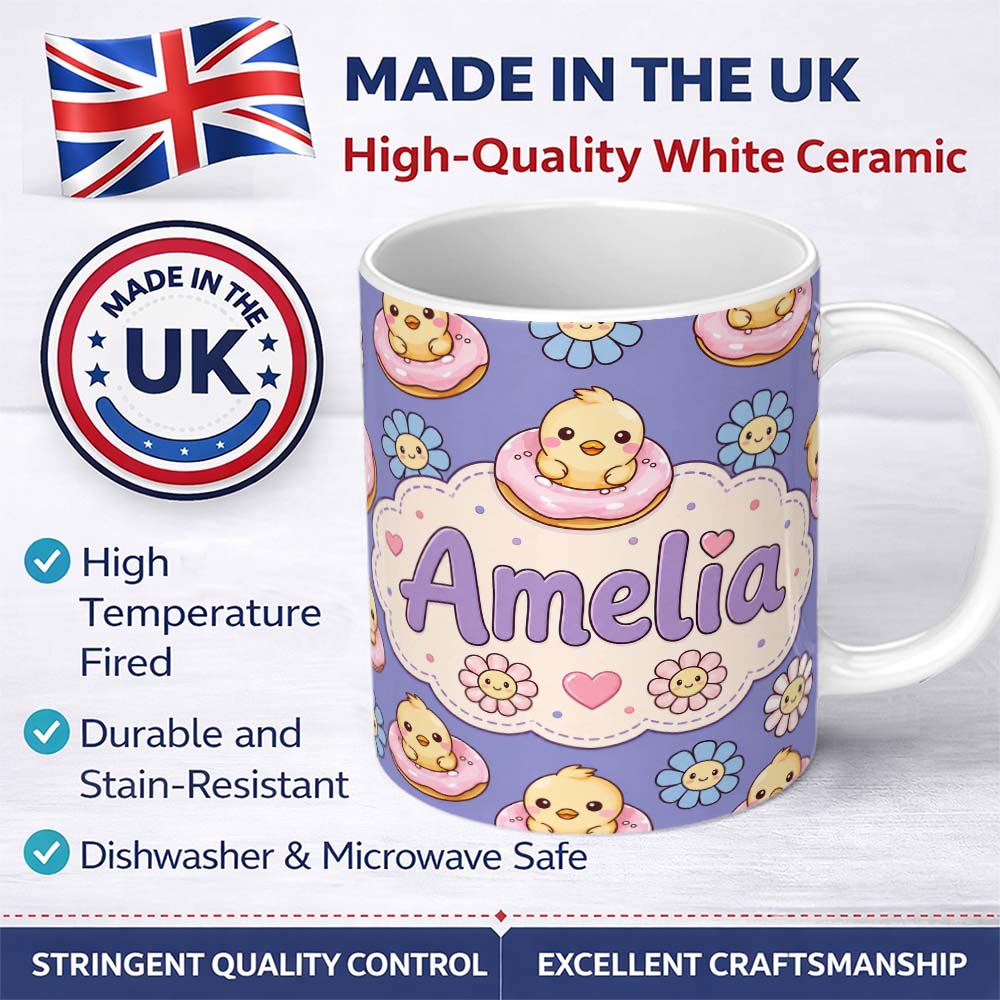 Personalized Custom Name Kawaii Chick Sitting on Donut with Flowers Seamless Pattern Purple 11oz Ceramic Coffee Tea Mug White Large Handle