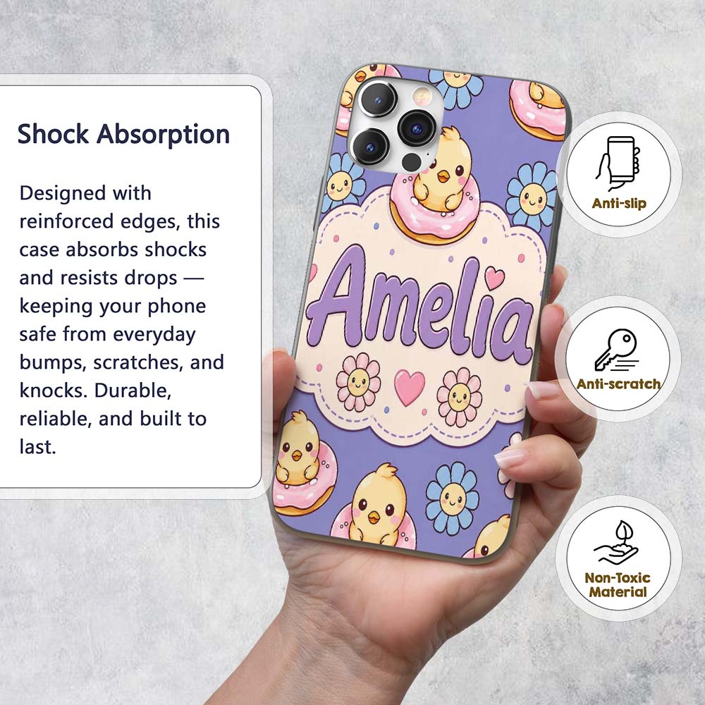 Kawaii Chick Sitting on Donut with Printed Design Custom Name Protective Phone Case Mobile Cover Durable Everyday Smartphone Shock Resistant