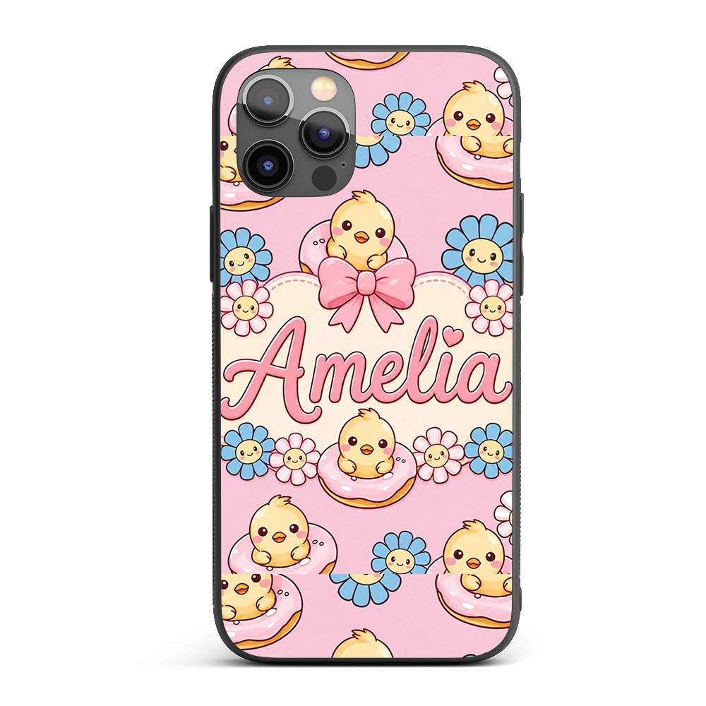 Kawaii Chick Sitting on Donut with Printed Design Custom Name Protective Phone Case Mobile Cover Durable Everyday Smartphone Shock Resistant