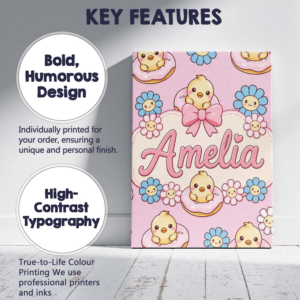 Personalised Name Kawaii Chick Sitting on Custom Unique Gift Idea Elegant Feature Canvas Wall Art Print Decor Picture Ready to Hang
