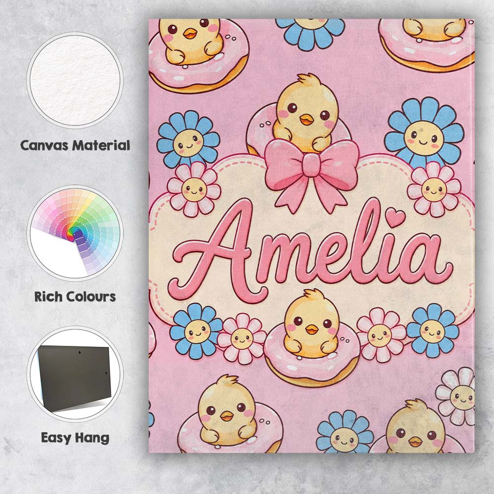 Personalised Name Kawaii Chick Sitting on Custom Unique Gift Idea Elegant Feature Canvas Wall Art Print Decor Picture Ready to Hang