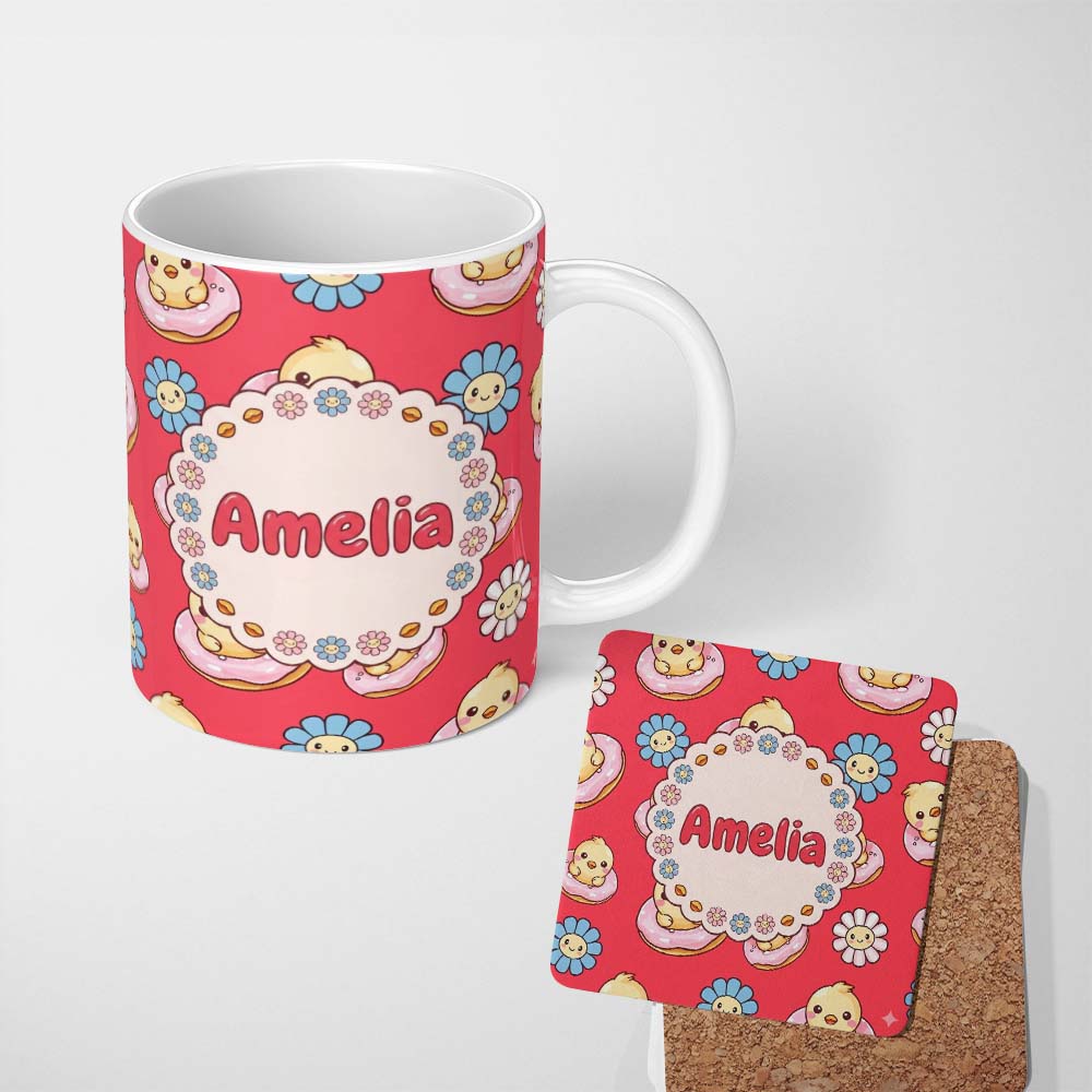 Personalized Custom Name Cute Kawaii Chick Sitting on Donut with Flowers Seamless Pattern 11oz Ceramic Coffee Tea Mug White Large Handle