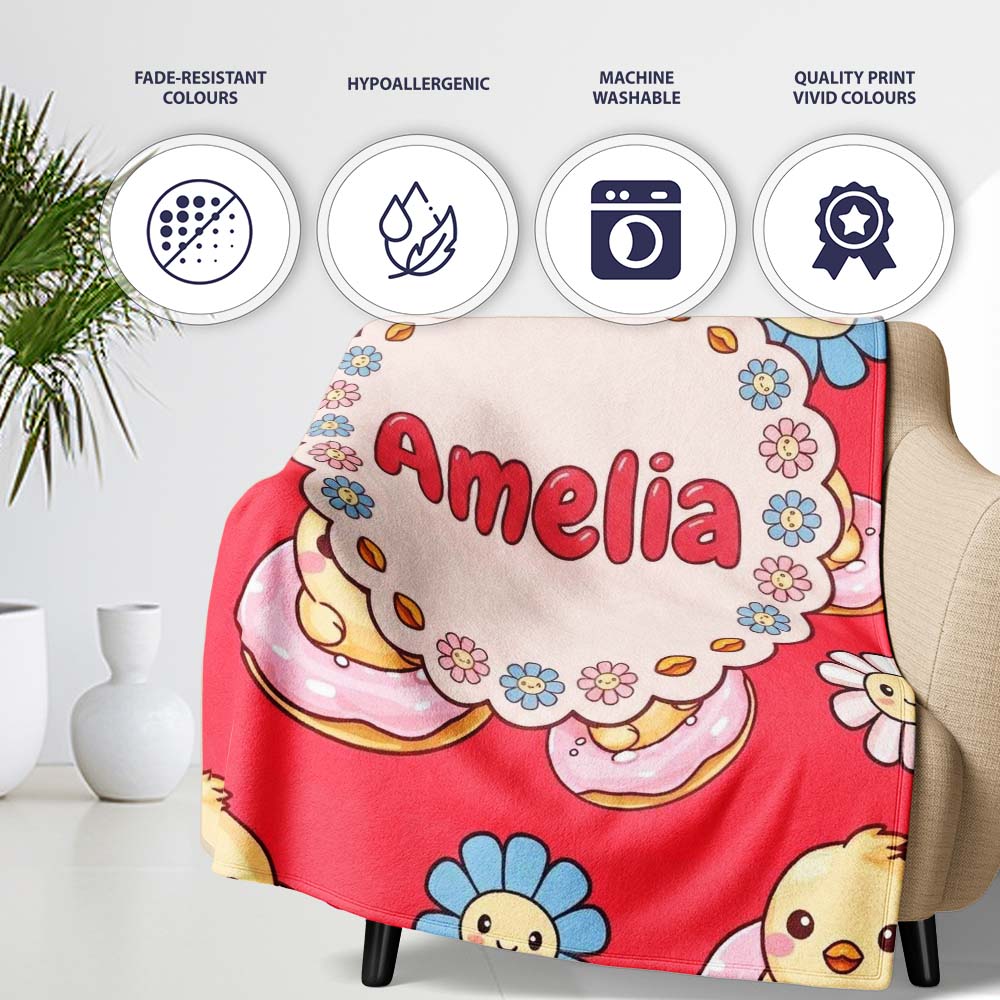 Cute Kawaii Chick Sitting on Donut with Flowers Seamless Pattern Personalised Custom Name Super Soft Fleece Blanket Bed Sofa Throw