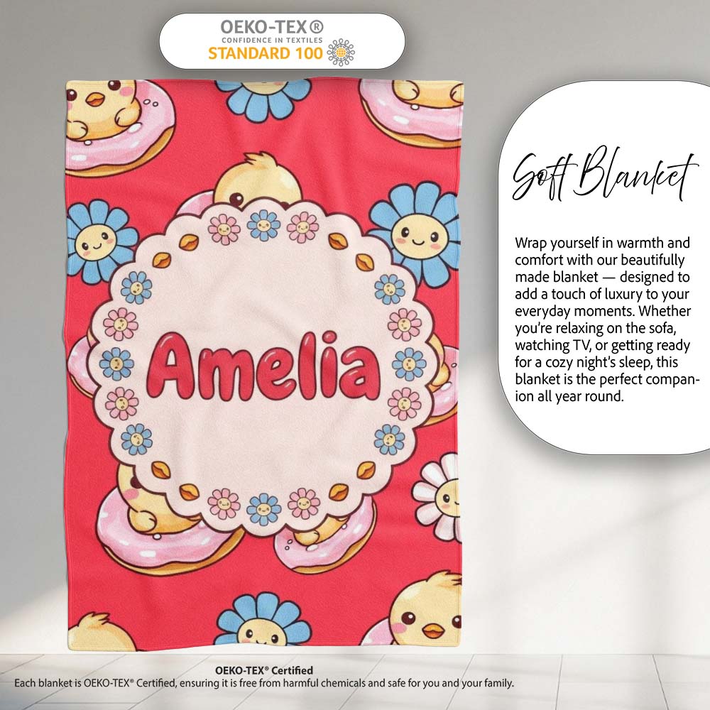 Cute Kawaii Chick Sitting on Donut with Flowers Seamless Pattern Personalised Custom Name Super Soft Fleece Blanket Bed Sofa Throw