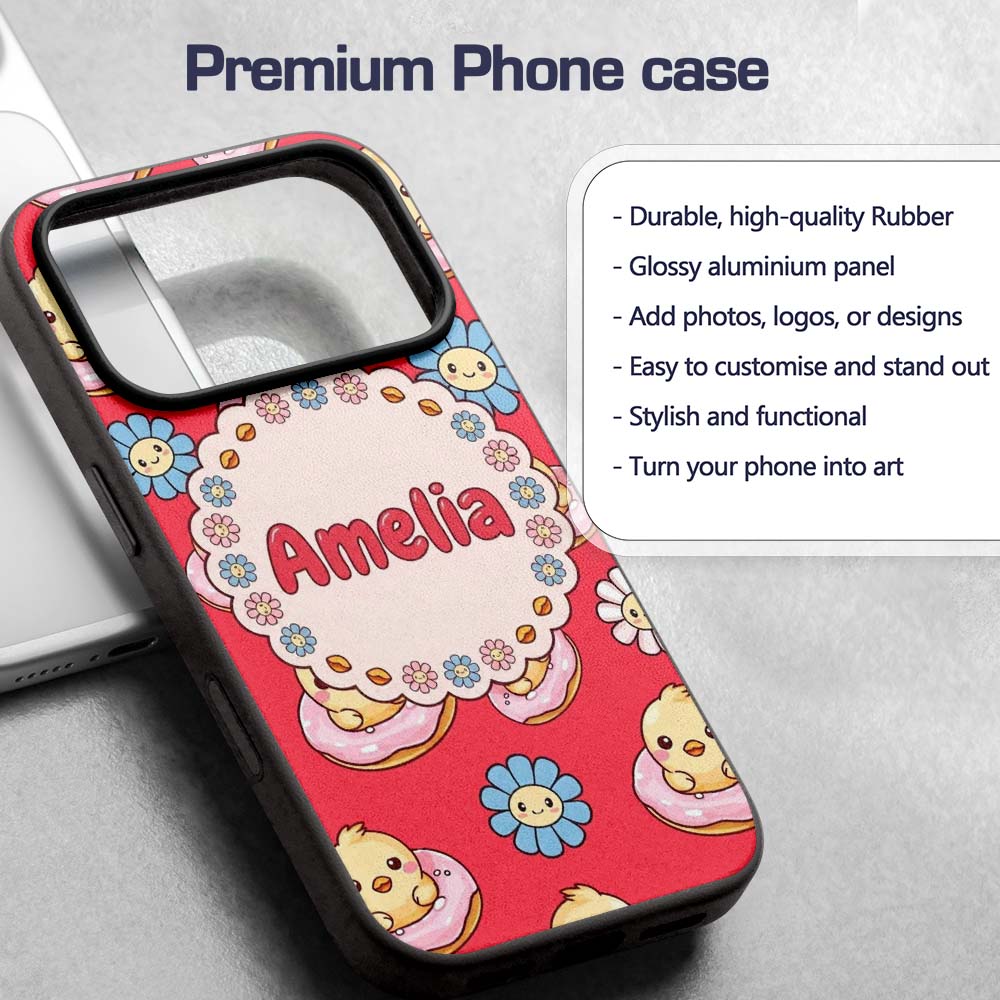 Cute Kawaii Chick Sitting on Donut with Flowers Custom Name Protective Phone Case Mobile Cover Durable Everyday Smartphone Shock Resistant