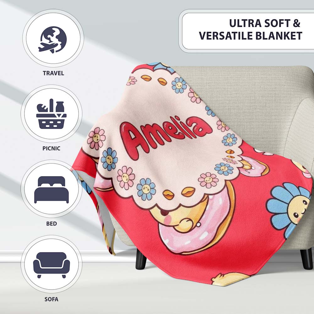 Cute Kawaii Chick Sitting on Donut with Flowers Seamless Pattern Personalised Custom Name Super Soft Fleece Blanket Bed Sofa Throw
