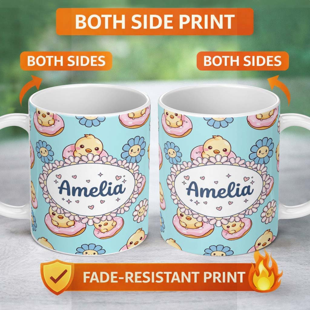 Personalized Custom Name Kawaii Chick Sitting on Donut with Flowers Seamless Pattern Teal 11oz Ceramic Coffee Tea Mug White Large Handle
