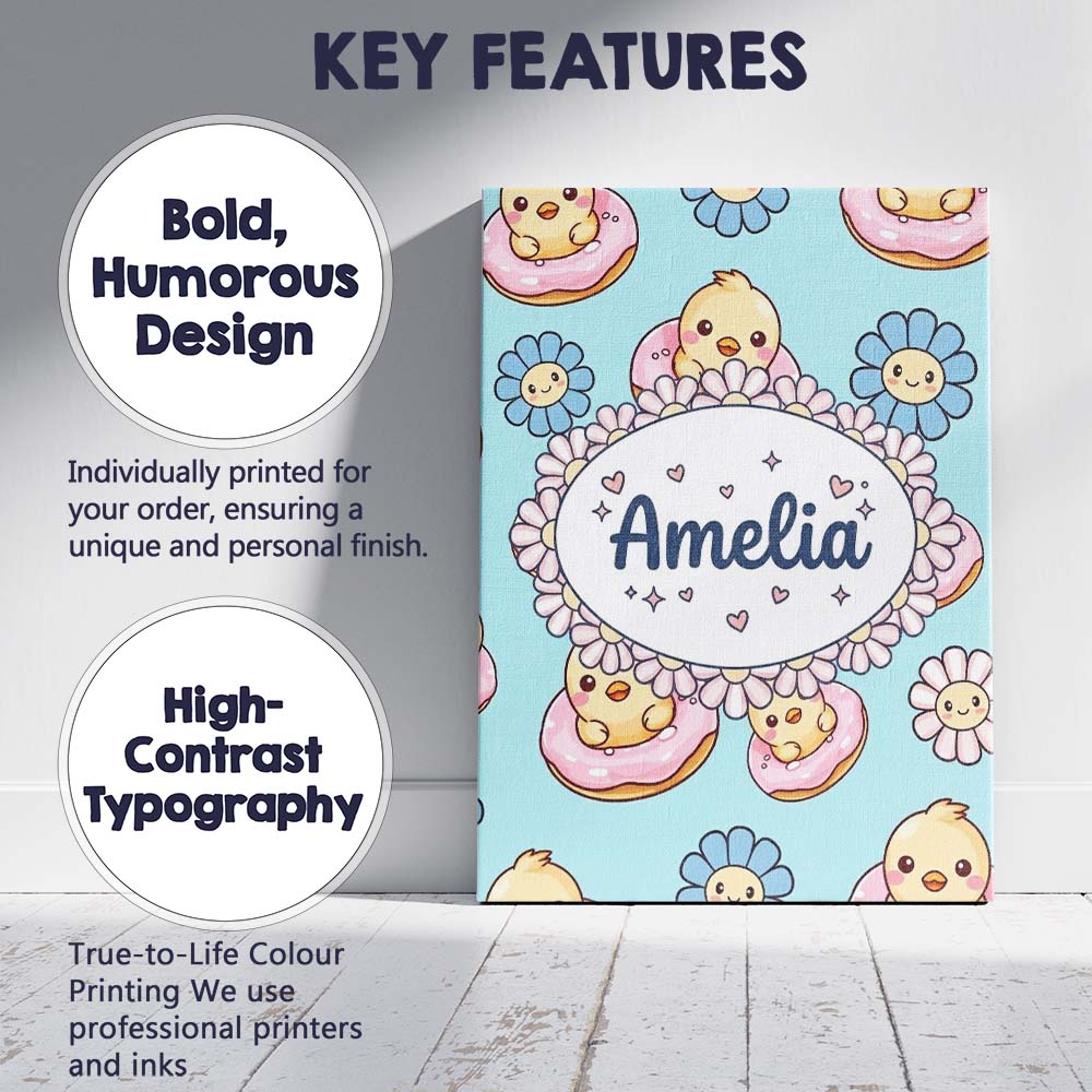 Personalised Name Kawaii Chick Sitting on Custom Unique Gift Idea Elegant Feature Canvas Wall Art Print Decor Picture Ready to Hang