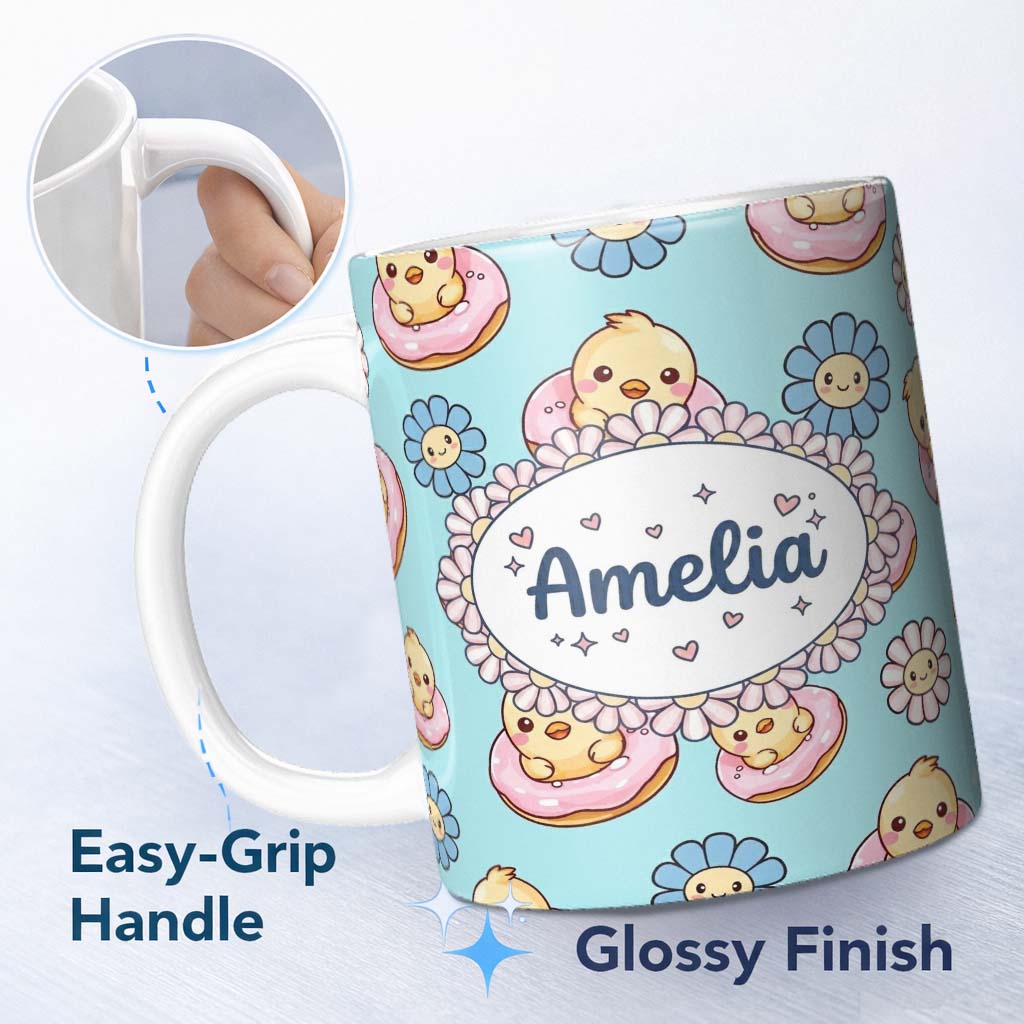 Personalized Custom Name Kawaii Chick Sitting on Donut with Flowers Seamless Pattern Teal 11oz Ceramic Coffee Tea Mug White Large Handle