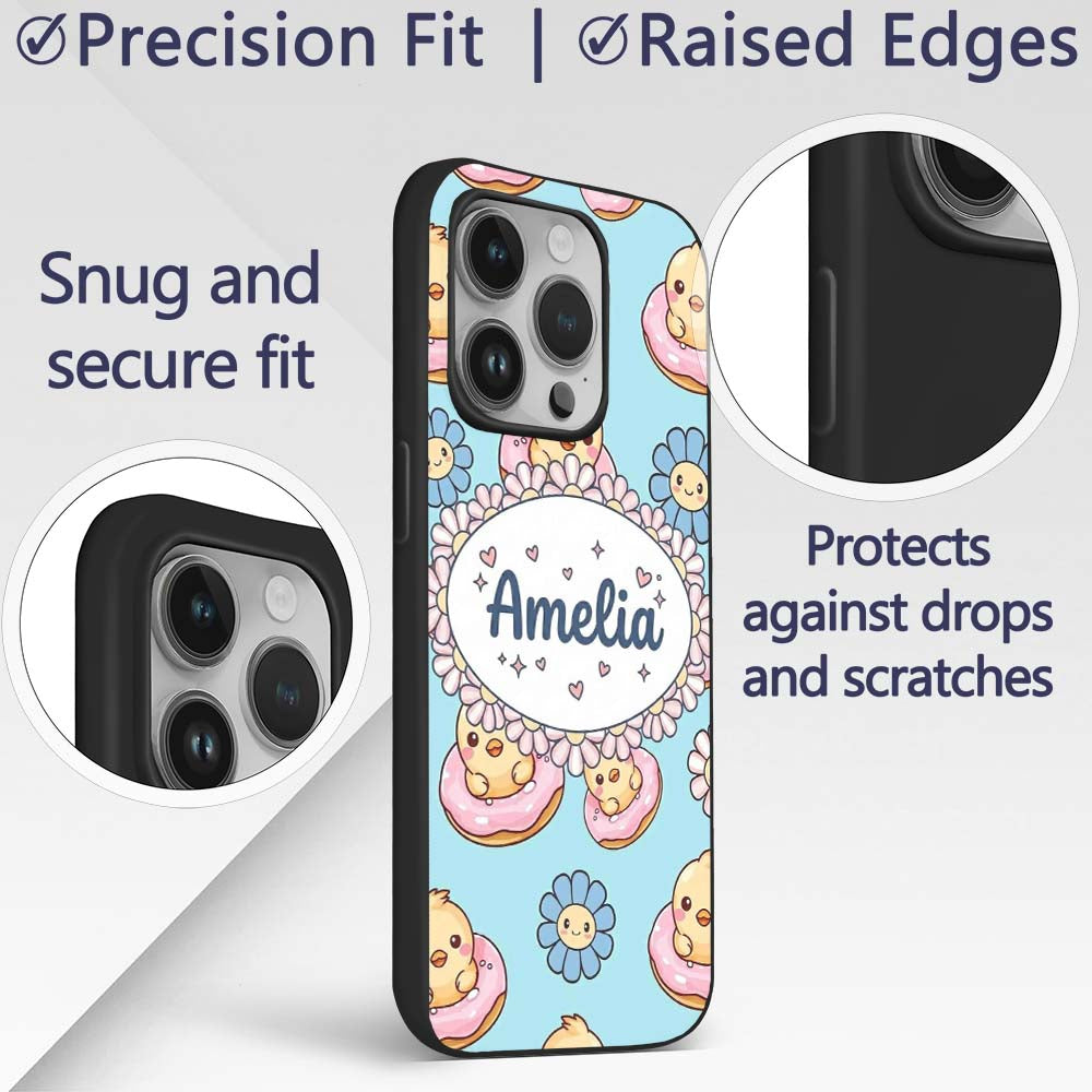 Kawaii Chick Sitting on Donut with Printed Design Custom Name Protective Phone Case Mobile Cover Durable Everyday Smartphone Shock Resistant