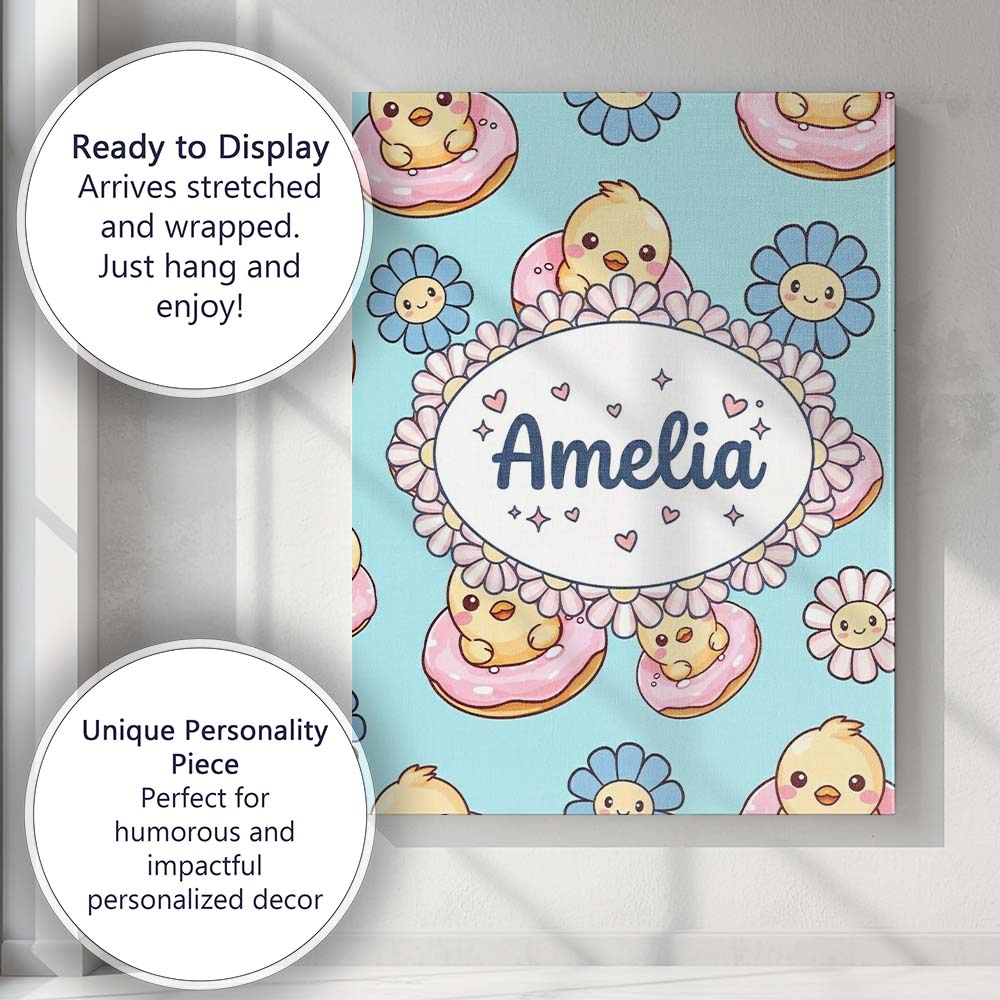 Personalised Name Kawaii Chick Sitting on Custom Unique Gift Idea Elegant Feature Canvas Wall Art Print Decor Picture Ready to Hang