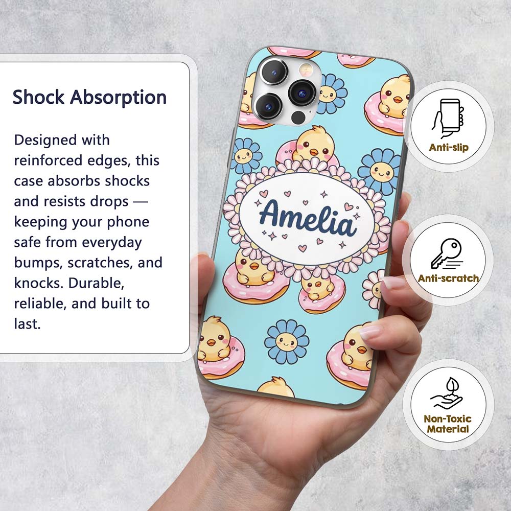 Kawaii Chick Sitting on Donut with Printed Design Custom Name Protective Phone Case Mobile Cover Durable Everyday Smartphone Shock Resistant