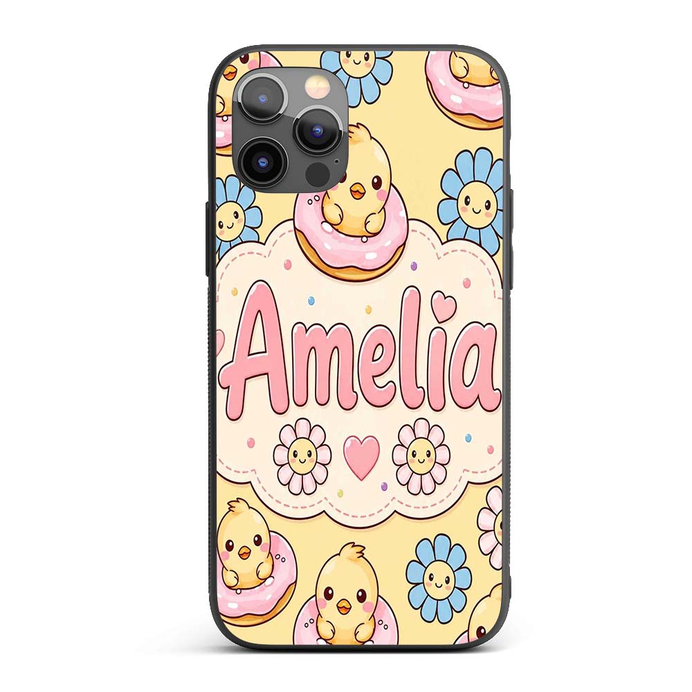 Kawaii Chick Sitting on Donut with Printed Design Custom Name Protective Phone Case Mobile Cover Durable Everyday Smartphone Shock Resistant
