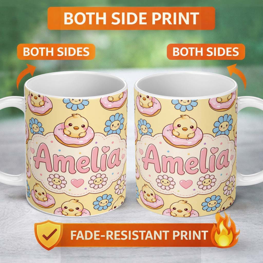 Personalized Custom Name Kawaii Chick Sitting on Donut with Flowers Seamless Pattern Yellow 11oz Ceramic Coffee Tea Mug White Large Handle