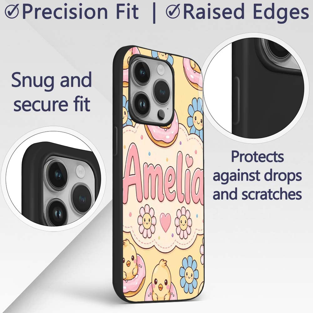 Kawaii Chick Sitting on Donut with Printed Design Custom Name Protective Phone Case Mobile Cover Durable Everyday Smartphone Shock Resistant