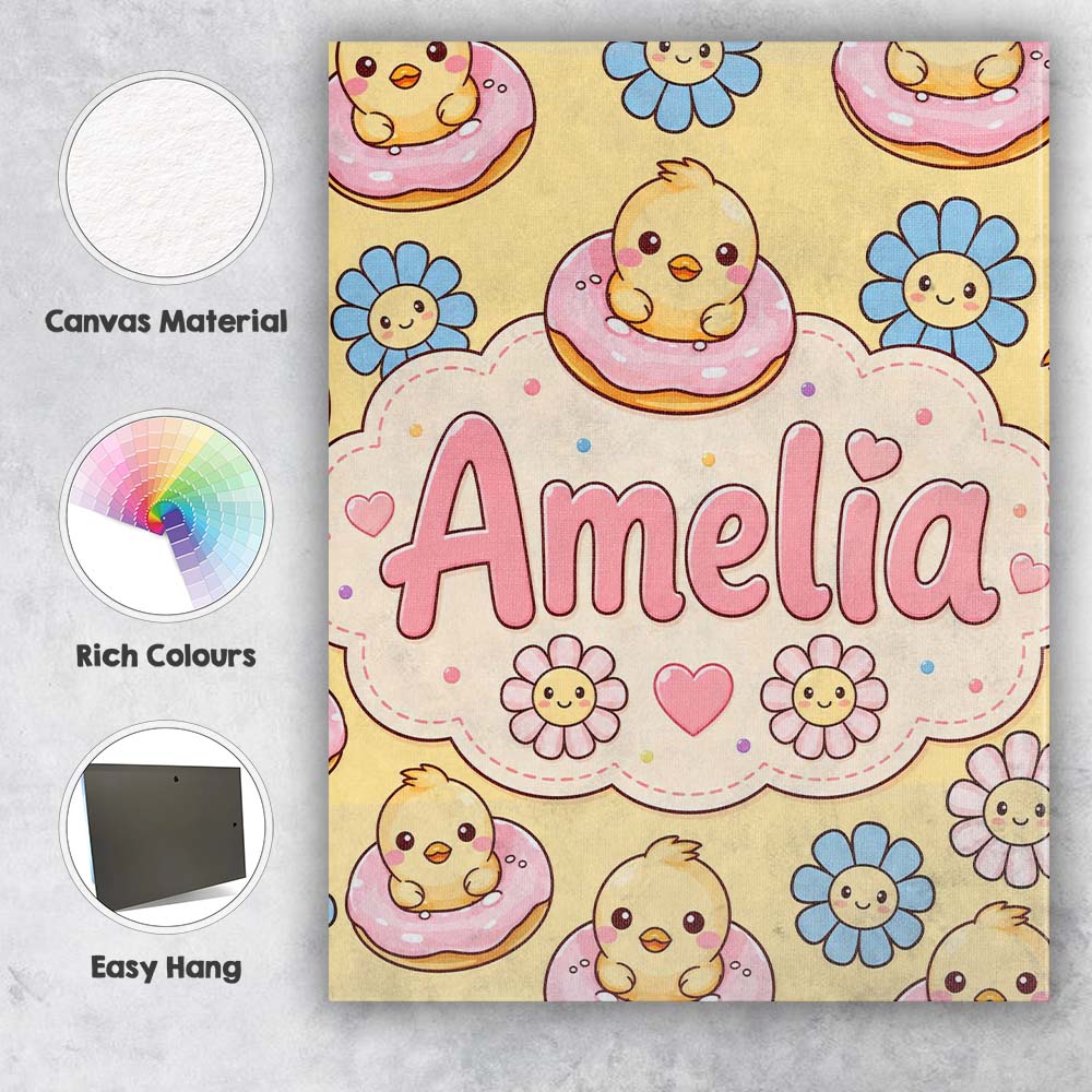 Personalised Name Kawaii Chick Sitting on Custom Unique Gift Idea Elegant Feature Canvas Wall Art Print Decor Picture Ready to Hang
