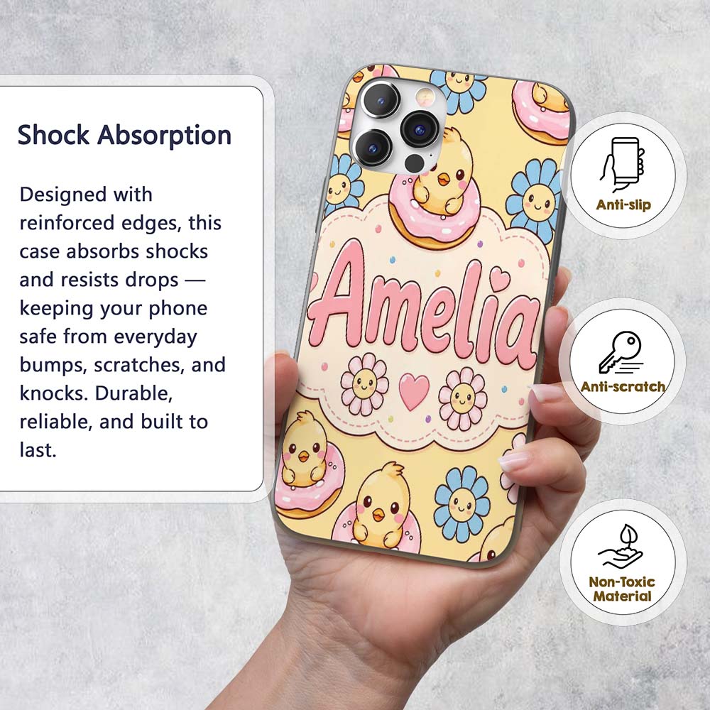 Kawaii Chick Sitting on Donut with Printed Design Custom Name Protective Phone Case Mobile Cover Durable Everyday Smartphone Shock Resistant