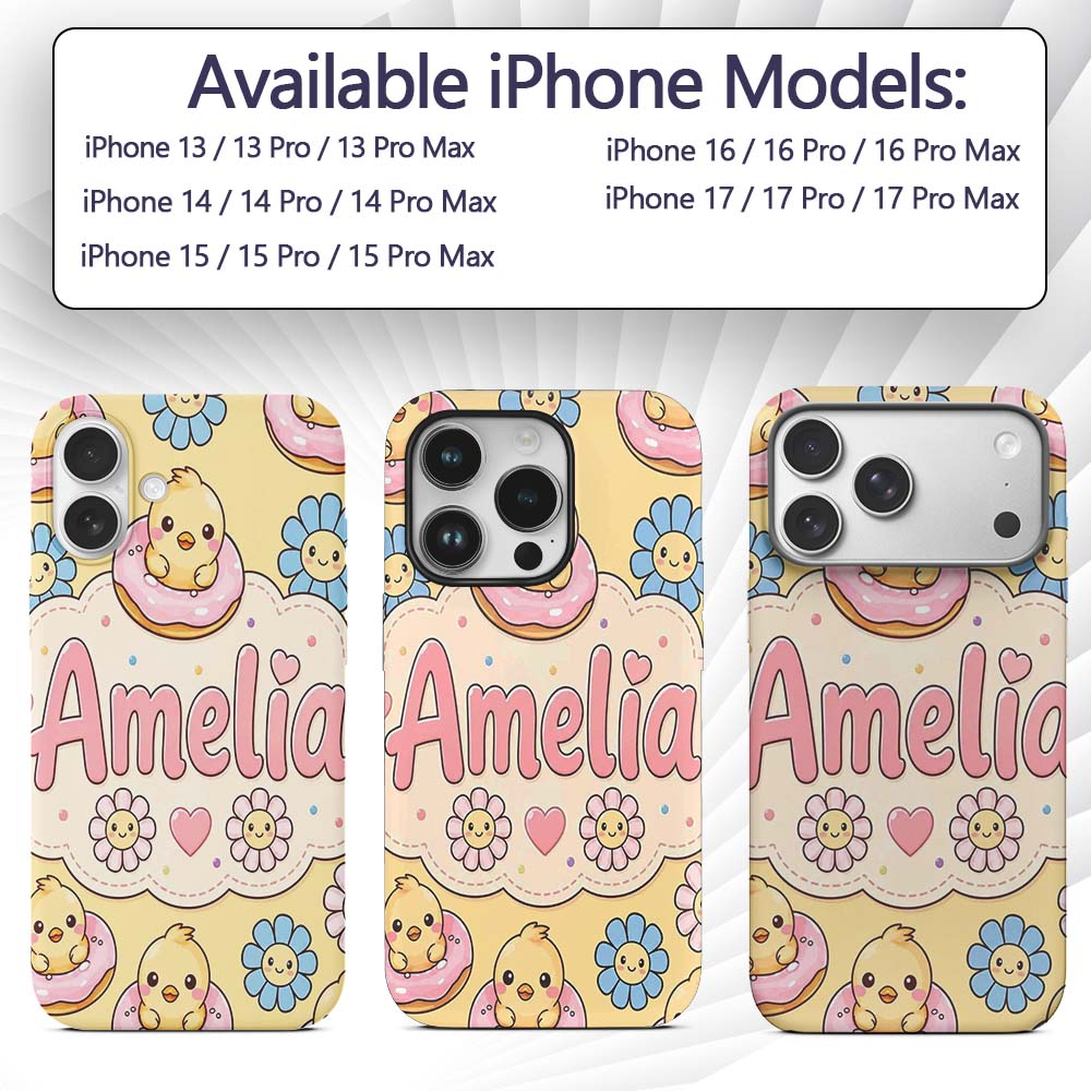 Kawaii Chick Sitting on Donut with Printed Design Custom Name Protective Phone Case Mobile Cover Durable Everyday Smartphone Shock Resistant