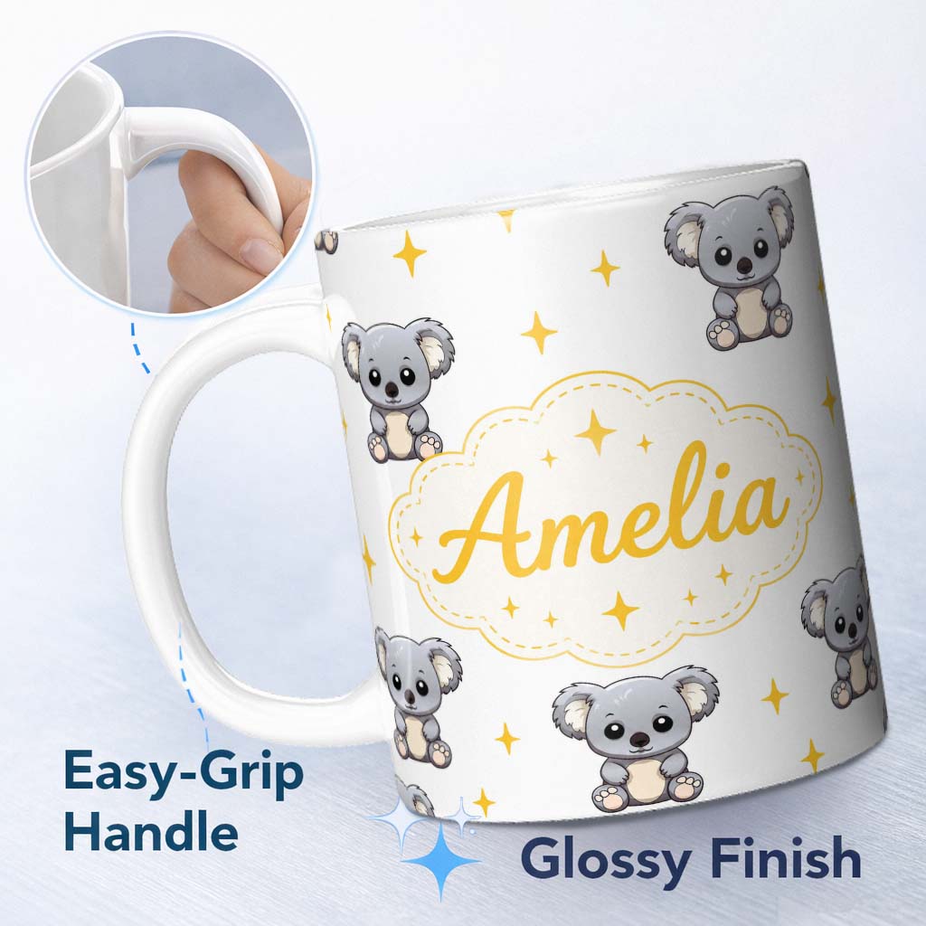 Personalized Custom Name Cute Cartoon Koala Bears with Yellow Stars on Light Grey Background 11oz Ceramic Coffee Tea Mug White Large Handle