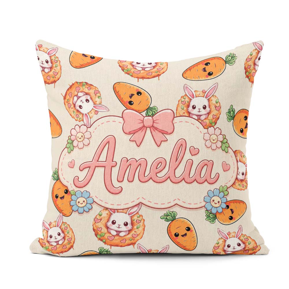 Custom Name Cute Kawaii Bunny with Carrot Donut Seamless Pattern Square Filled Cushion Throw Pillow Sofa Bed Home Decor Zip Washable UK Made