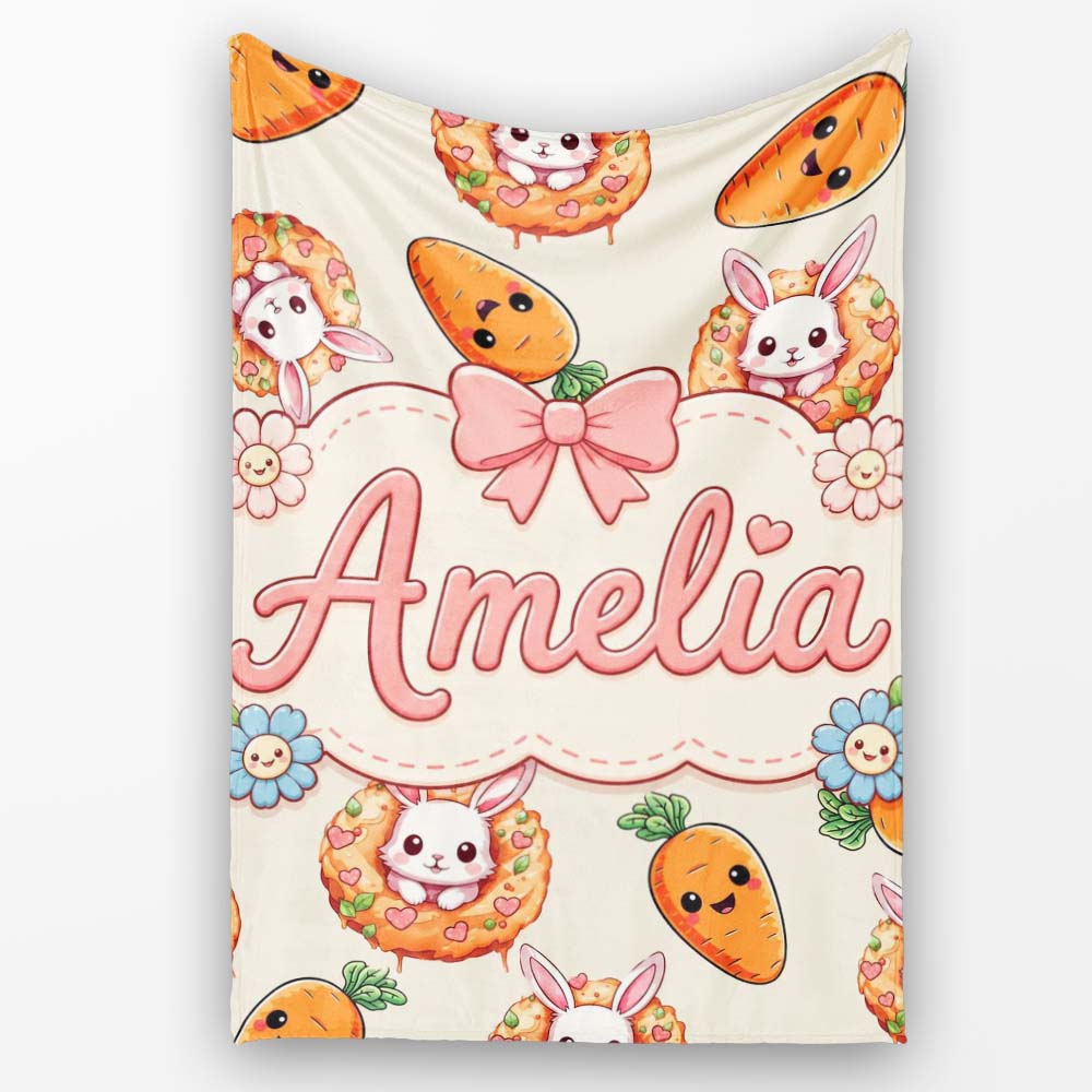 Cute Kawaii Bunny with Carrot Donut Seamless Pattern Cream Personalised Custom Name Super Soft Fleece Blanket Bed Sofa Throw